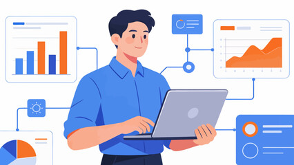 Man using laptop with data charts