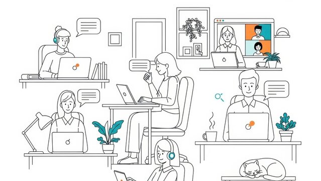Remote Work Team Collaboration: Diverse People in Video Conference, Working from Home Office - Powered by Adobe