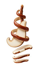 Sliced string cheese with a twist of pretzel stick isolated on white background, creative snack food concept