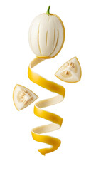 Peeled white pumpkin with spiral peel and sliced pieces isolated on white background, fresh autumn vegetable perfect for cooking and decoration