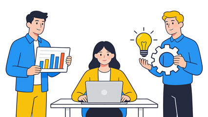 Three people collaborating with charts and ideas