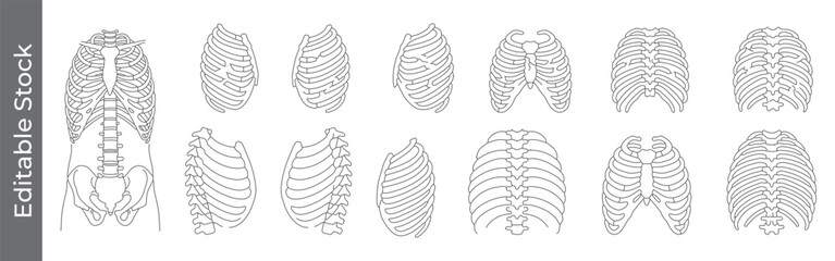 Rib cage and thorax anatomy line icon set – editable outline symbols of ribs, chest, spine, fracture, broken and human skeleton
