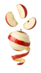 Red apple peeled and sliced floating on a white background, fresh fruit concept perfect for healthy eating and nutrition