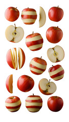 Red striped apples with peeled and sliced variations isolated on black background, fresh fruit concept perfect for healthy eating or food design