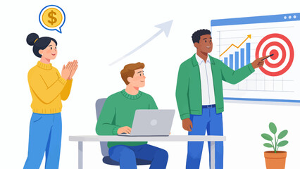 Three people in office setting with graph