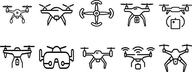 Drone Line Art Set Flat Vector Illustration on White Background