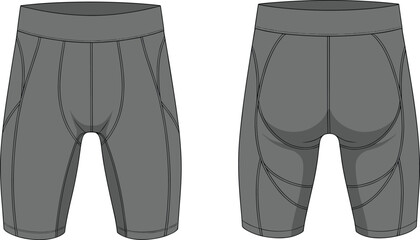 Compression shorts vector, technical sportswear illustration, cycling apparel design, ergonomic fit, seam detail, front and back view, athletic garment template