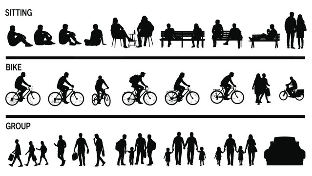 Set of diverse people silhouettes in various activities, including sitting, biking, walking, with pets, and in groups, designed for architectural plans, urban planning, and graphic design
