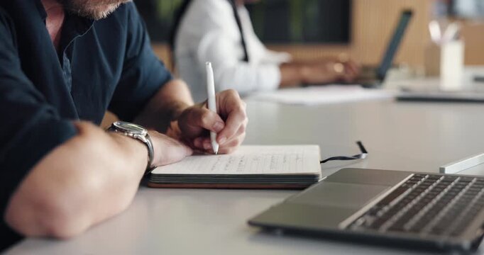 Man, hands and writing in office with diary for marketing campaign schedule, reminder or laptop. Creative, person and coworking with computer for planner notes, advertising calendar or task priority.