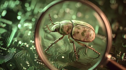 Magnified Insect on Computer Circuit Board Symbolizing Computer Bug.