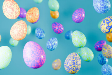 Flying colorful patterned Easter eggs on blue background.