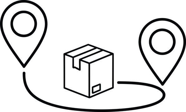 Shipment tracking icon with delivery box moving along a route between two destination points