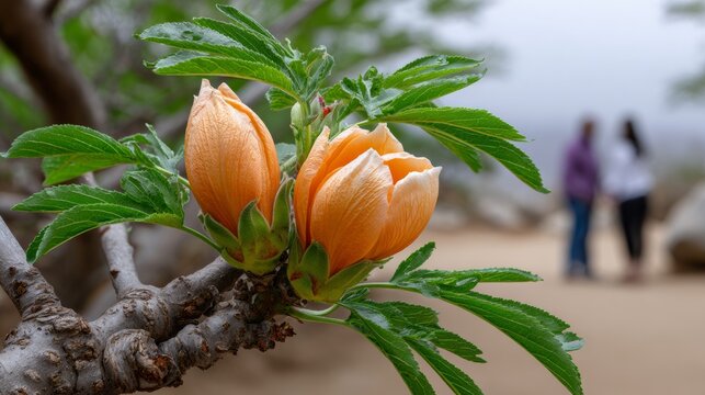 A branch with a beautiful orange flower on it is seen with two people walking by. The scene is calm and tranquil, with the flower and the people creating a sense of harmony and beauty