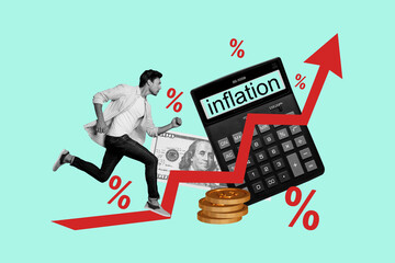 Collage trend artwork composite sketch poster of bankruptcy investor economy finance young man run...