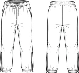Technical sketch of pants, front and back view, elastic waistband, drawstring hem, zip pockets, seam details, fashion vector illustration, garment design