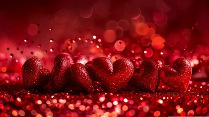Red glitter hearts on sparkling background for romantic greeting card and Valentines Day event.