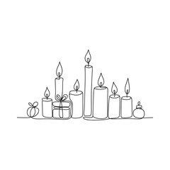 A festive arrangement of candles gifts and ornaments in a continuous line drawing