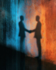Business handshake shadow, partnership silhouette, abstract corporate background, negotiation concept, blue orange wall texture