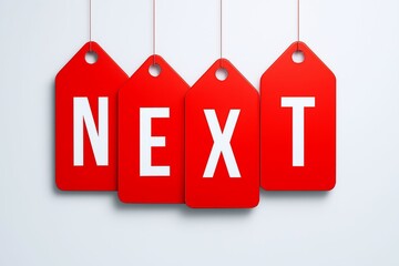 Four red tags are suspended from above, spelling out the word 'NEXT' in white letters against a plain white background, symbolizing progression or a call to action.
