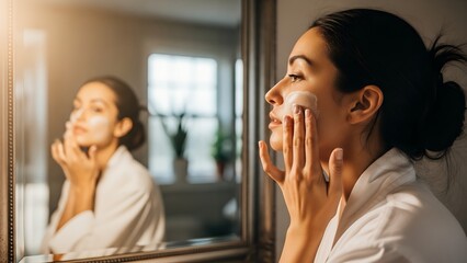 Woman applying facial cream while looking in a mirror with a reflection of herself.
