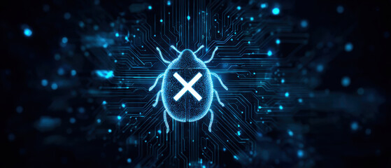 Cyber security bug fix concept glowing circuit board digital bug crossed out malware removal blue neon technology data protection cyber defense