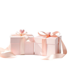 Obraz premium Two Elegant White Gift Boxes with Peach Satin Ribbon Bows on White Background – Luxury Present Packaging for Special Occasions