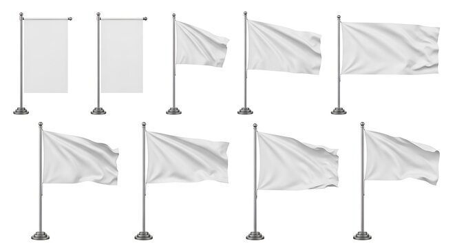 Collection of blank white flags mockup isolated on white background, realistic 3d rendering of various shapes and sizes, perfect for branding and design projects