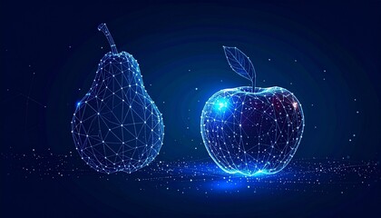 Digital illustration of pear and apple made of glowing blue dots and lines on dark gradient background.