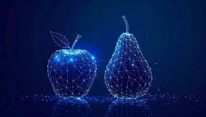 Digital illustration of pear and apple made of glowing blue dots and lines on dark gradient background.