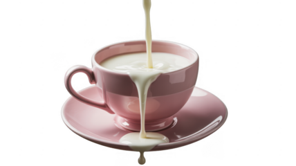 Pink teacup with milk pouring into it on saucer isolated on a transparent background