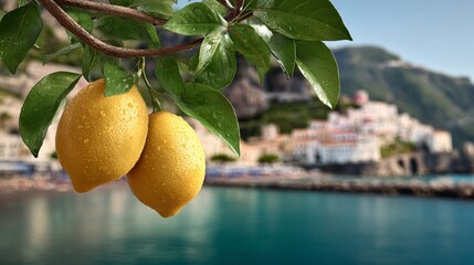 Two lemons hanging from a tree by a body of water. The water is blue and the sky is clear