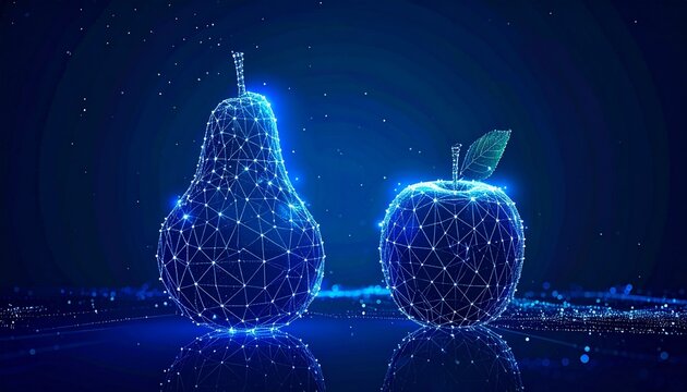 Digital illustration of pear and apple made of glowing blue dots and lines on dark gradient background. - Powered by Adobe
