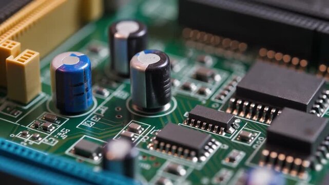 Close-up of a complex electronic circuit board with capacitors and microchips.