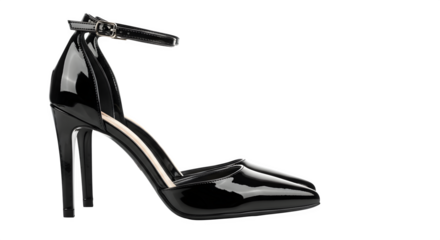 High heeled black shoe with strap isolated on transparent background