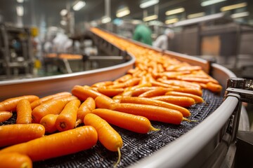 Carrots moving on a conveyor belt in factory.
