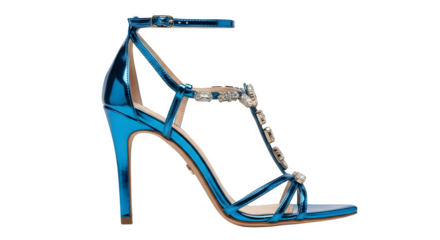 High heeled sandal with t strap and rhinestone accents isolated on transparent background