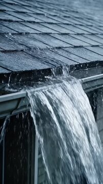 Gutter Overflowing in Heavy Rain - This close-up shot captures the raw power of a heavy downpour as rainwater cascades over the edge of a metal gutter attached to a roof with dark shingles.