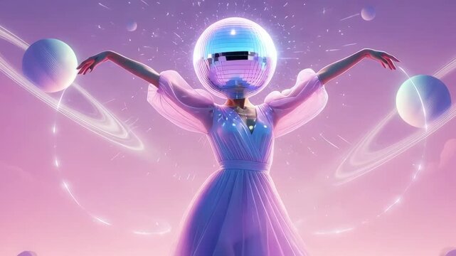 Woman dancer with disco ball head performing in a cosmic dreamscape of planets and glowing clouds