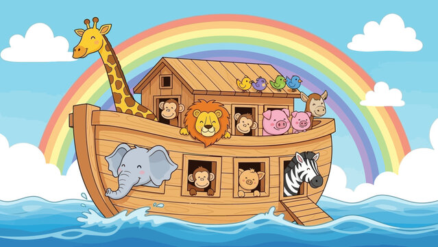 Colorful cartoon animals on Noah's Ark with rainbow