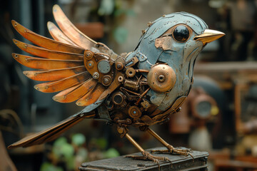 A steampunk-styled clockwork robot in a retro-futuristic setting, adorned with cogs and gears, exuding a mechanical and industrial aesthetic.