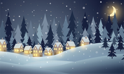 Serene winter night scene of a village under a starry sky with glowing lights.