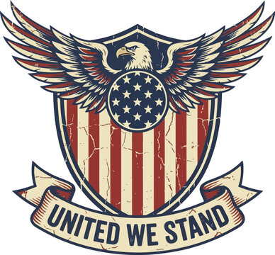 American eagle shield with United We Stand banner and stars