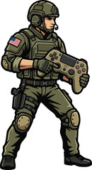 Fototapeta premium American soldier holding video game controller in military uniform and helmet