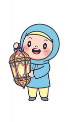 A cartoon child in a blue hooded outfit holding a colorful lantern.