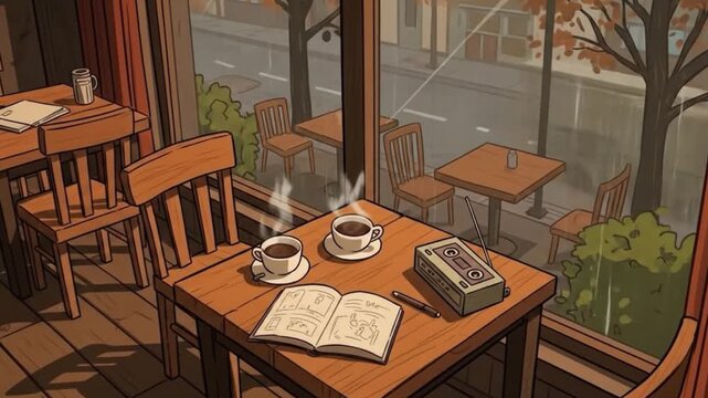 Cozy morning scene with open book steaming coffee and vintage radio by window