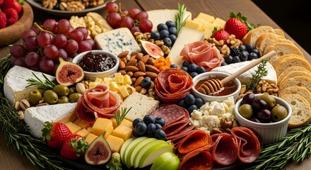 Abundant charcuterie and cheese board selection with assortment of cured meats, various cheeses, fruits, nuts, olives and crackers, perfect for entertaining
