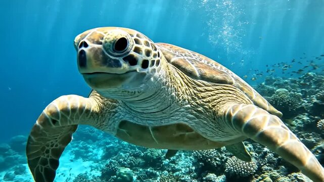 Underwater view of a sea turtle swimming towards the camera corals and sunlight background