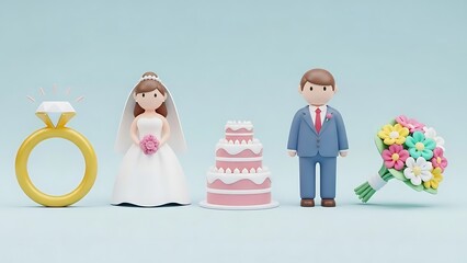 A collection of cute 3D wedding icons featuring a bride, groom, cake, engagement ring, and floral bouquet