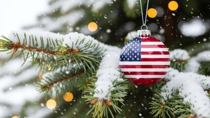 American Flag Christmas Bauble Hanging on Snowy Pine Branch with Bokeh Lights