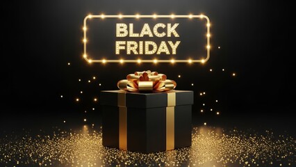 Black Friday Sale Concept with Luxury Black Gift Box, Gold Ribbon and Neon Sign
